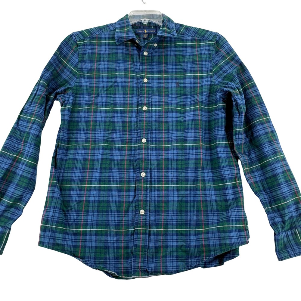Ralph Lauren Boys Shirt XL 18-20 Blue Green Plaid Cotton Long Sleeve